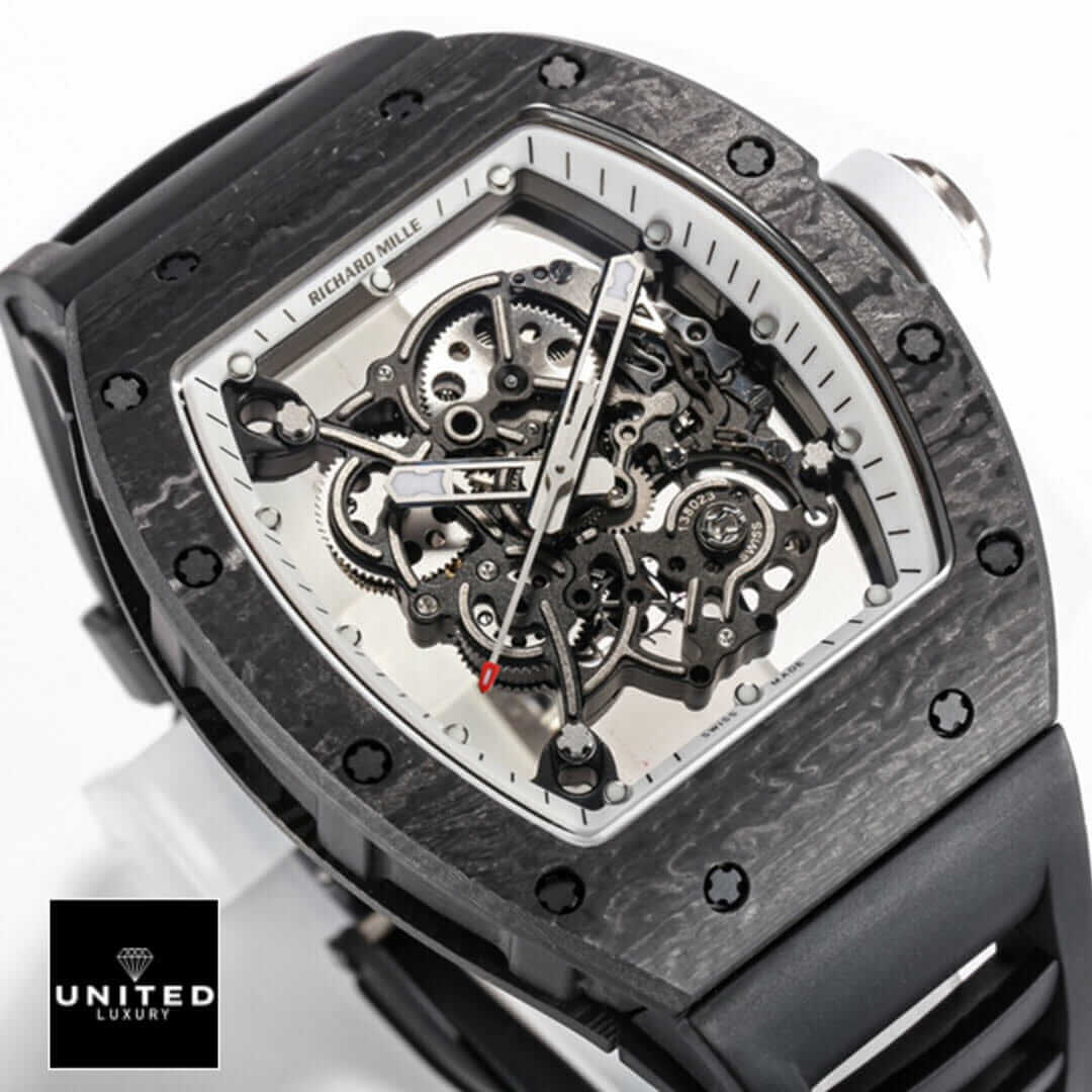 Richard Mille RM 055 "Bubba Watson" True Clone 1:1 Yeni Proje 3 21 Richard Mille White Dial Black Bezel Rubber Bracelet Replica close view