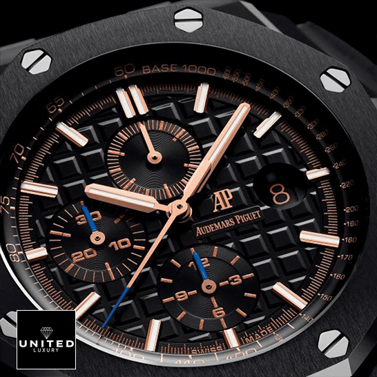 AP Royal Oak Offshore 26405CE.OO.A002CA.02 "Black Ceramic" 1:1 Clone Edition audemars piguet royaloakoffshore 26405CE.OO .A002CA.02 replica dial AP Royal Oak Black Dial Rose Gold Second Replica close front view