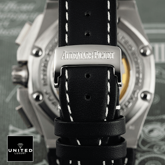 Audemars Piguet Royal Oak Offshore 26030IO.OO.D001IN.01 "White Dial" Exclusive Clone Edition audemarspiguet royaloakoffshore 26030IO.OO .D001IN.01 replica clasp Audemars Piguet Black Calf Leather Bracelet Replica upside view