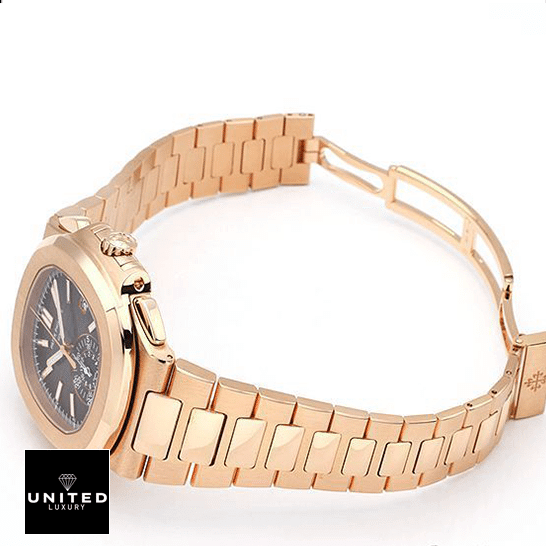 Patek Philippe Nautilus 5980 Brown Dial Premium Duplicate Patek Philippe Nautilus Rose Gold Bracelet Replica opened clasp white background