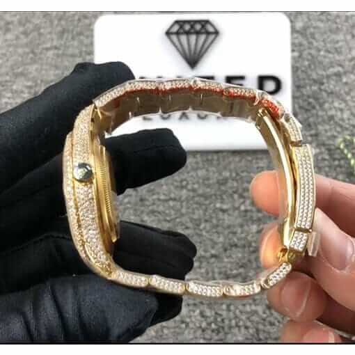 Rolex Datejust 116300 "Iced Out Arabic Dial" Collector’s Copy 1:1 rolex datejust yellow gold arabic dial iced out 116300 replica1 1 Rolex Datejust 116300 Replica Oyster bracelet is adjustable and gem-set