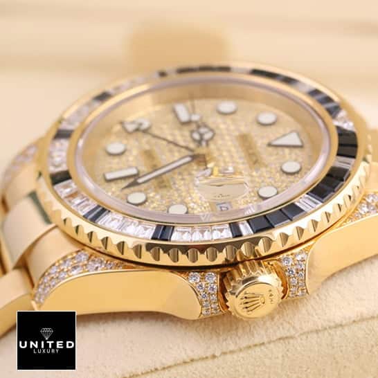 Rolex GMT-Master 116758SA Exclusive Clone Edition rolex gold diamond watch replica2 Rolex GMT-Master 116758SA Yellow Gold & Diamond Case Replica Button & Crown Pusher